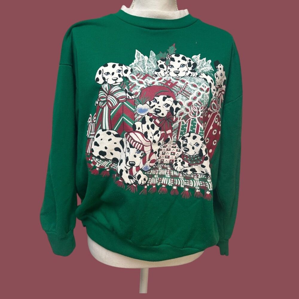 Vintage 90s Christmas Sweatshirt Dalmatian Dogs Holiday Green Pullover - Large